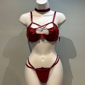Darque Red Strappy Lingerie Set with Choker Detail NWT